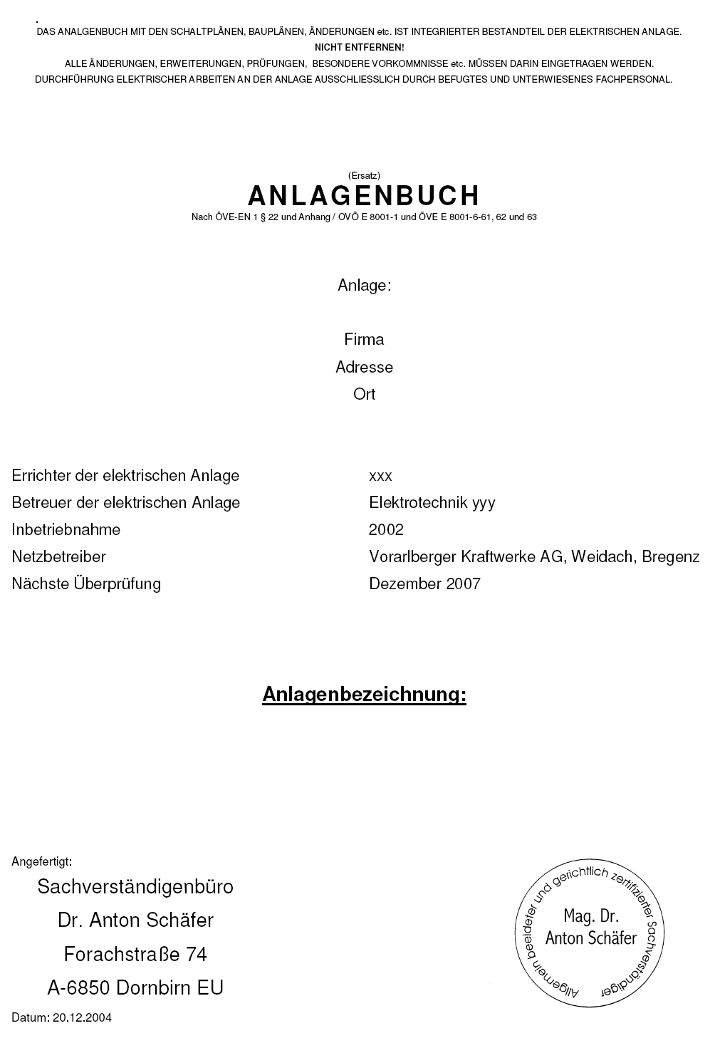 anlagenbuch elektrotechnik beispiel fuer ein deckblatt eines anlagenbuches sachverstaendige ueberpruefungen elektrotechnik beleuchtungstechnik - Gutachten Beispiel anlagenbuch elektrotechnik beispiel fuer ein deckblatt eines anlagenbuches sachverstaendige ueberpruefungen elektrotechnik beleuchtungstechnik - Gutachten Beispiel